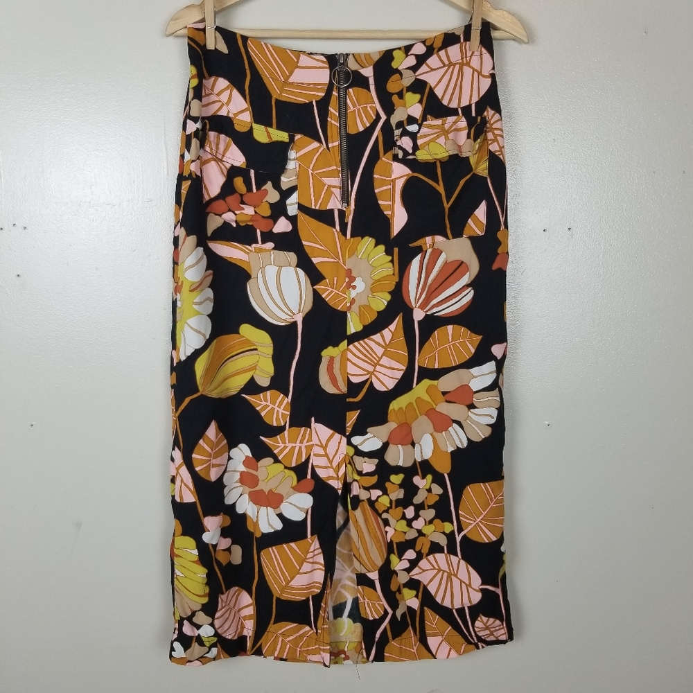 FREE PEOPLE Bali Orange Sunrise 100% Rayon Midi Skirt Floral Zip Leg Slit US 8 - Picture 3 of 12